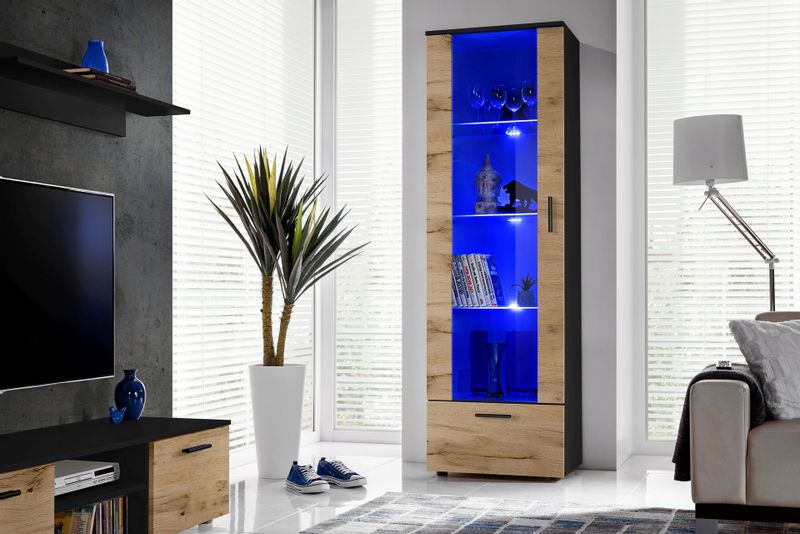 Witryna Szklana Regał Salon Czarny/Dąb Wotan z Półkami Bez LED 192x60 zdjęcie 1