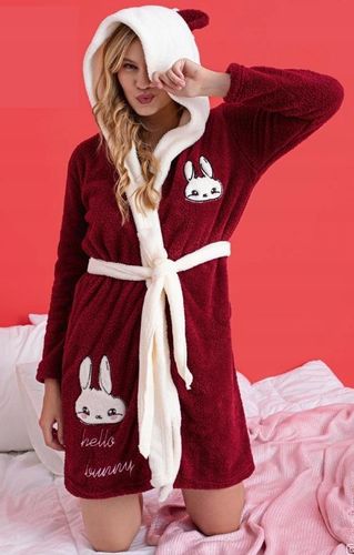 Szlafrok damski z kapturem miękki pluszowy soft bordowy króliczek XXL na Arena.pl