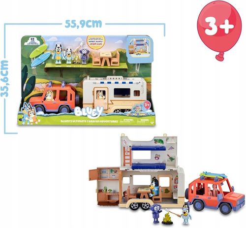 BLUEY ZESTAW AUTO I PRZYCZEPA KEMPINGOWA + 3 FIGURKI na Arena.pl