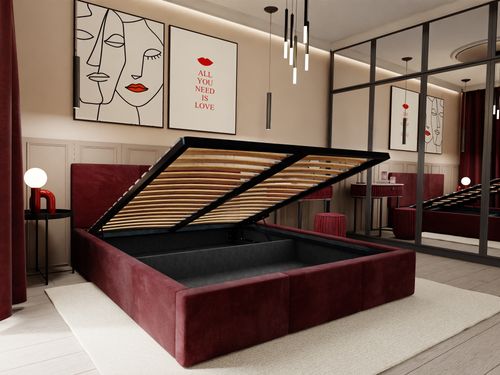 ŁÓŻKO TAPICEROWANE DO SYPIALNI 140x200 ŁÓŻKO PODWÓJNE Z POJEMNIKIEM BORDOWE na Arena.pl