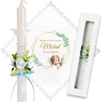 Zestaw Do Chrztu Na Chrzest Świeca Szatka Pudełko Okapnik Niebieski Koronka