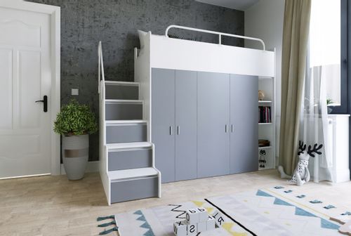 Łóżko piętrowe JSM2 90x200 + duża szafa i otwarty regał szary kolor na Arena.pl
