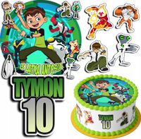 ZESTAW OPŁATEK NA TORT 20CM + 17 POSTACI - BEN10 TEN + IMIĘ 15CM 18CM