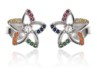 DELIKATNE RODOWANE SREBRNE KOLCZYKI WKRĘTKI KWIATKI KOLOROWE CYRKONIE