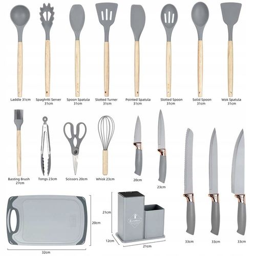 Komplet 5 Noży + Zestaw 12 przyborów kuchennych + deska do krojenia +Stojak na Arena.pl