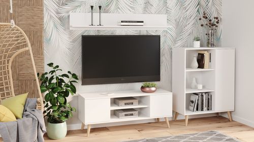 Szafka RTV 155 cm skandynawska biała nogi drewniane na Arena.pl