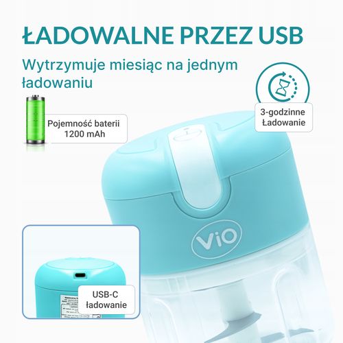 BEZPRZEWODOWY ROZDRABNIACZ USB DO ŻYWNOŚCI ViO K02 - TURKUSOWY, 250 ML na Arena.pl