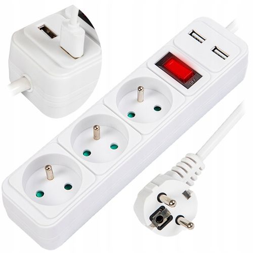 PRZEDŁUŻACZ LISTWA ZASILAJĄCA 3 GNIAZDA 3M 2X USB GRUBY KABEL na Arena.pl