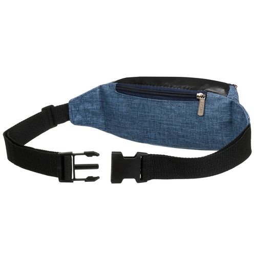 niebieska saszetka zawieszona na regulowanym pasku, zapinana suwakiem na Arena.pl