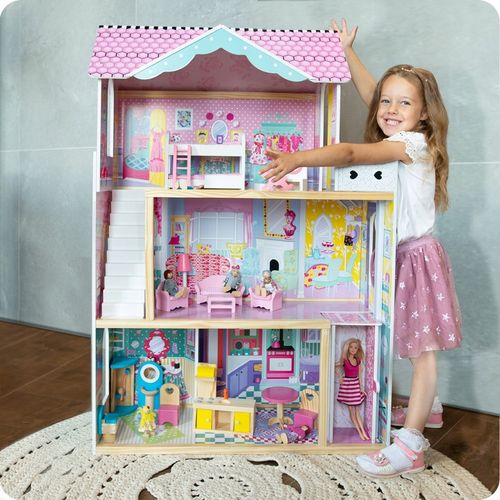 XXL DUŻY DREWNIANY RÓŻOWY DOMEK DLA LALEK MEBLE WINDA AKCESORIA LED na Arena.pl