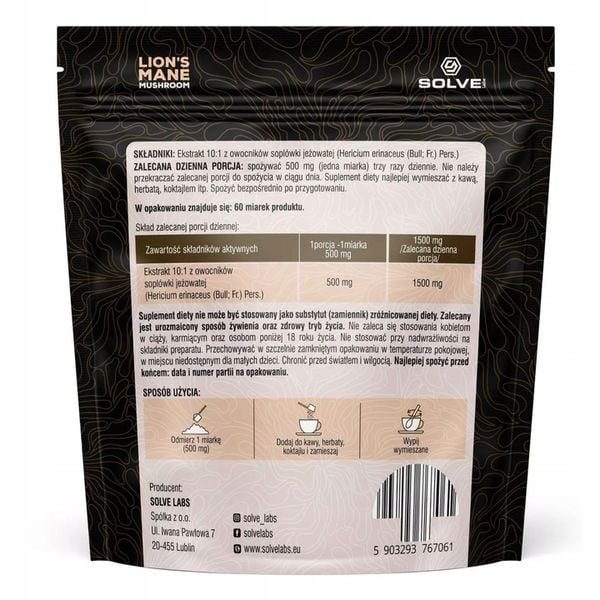 LION'S MANE Soplówka Jeżowata 10:1 30g SOLVE LABS Pamięć Koncentracja zdjęcie 2