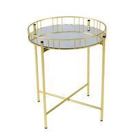 Stolik kawowy złoty, mały, metalowy, okragły blat lustro, paski TAB-164