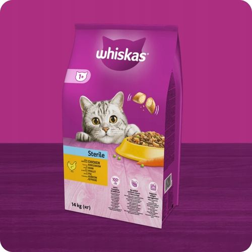 SUCHA KARMA WHISKAS STERILE DLA KOTA PO STERYLIZACJI Z KURCZAKIEM 14KG na Arena.pl
