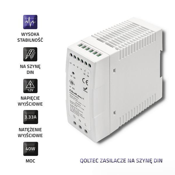 Qoltec Zasilacz na szynę DIN | 40W | 12V | 3.33A | Biały | Slim zdjęcie 2