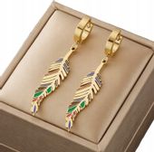 Kolczyki Listki Ze Stali Chirurgicznej 316L Złote Piórko Pozłacane 18K Boho