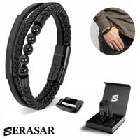 SERASAR, Męska Skórzana Bransoletka [Pearl] - Czarny, 20cm