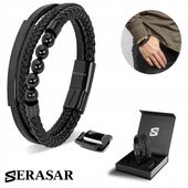 SERASAR, Męska Skórzana Bransoletka [Pearl] - Czarny, 20cm