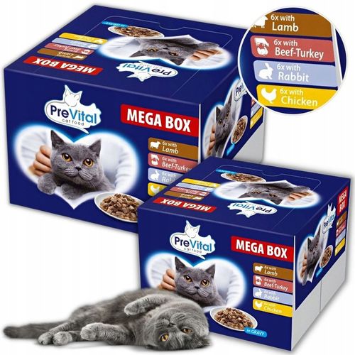 MOKRA KARMA DLA KOTA MIX 4 SMAKÓW MEGABOX 96X100G SASZETKI W SOSIE PREVITAL na Arena.pl