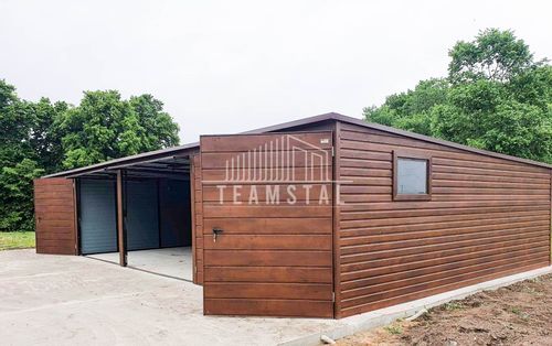 GARAŻ BLASZANY 12m x 5m poziom - spad tył 4x Brama - ciemny orzech TS224 12x5 na Arena.pl