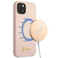 Etui Guess Silicone Script Gold Logo MagSafe na iPhone 13 - jasnoróżowe