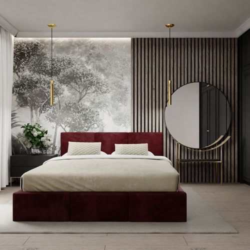 ŁÓŻKO TAPICEROWANE DO SYPIALNI 180x200 ŁÓŻKO PODWÓJNE Z POJEMNIKIEM BORDOWE na Arena.pl