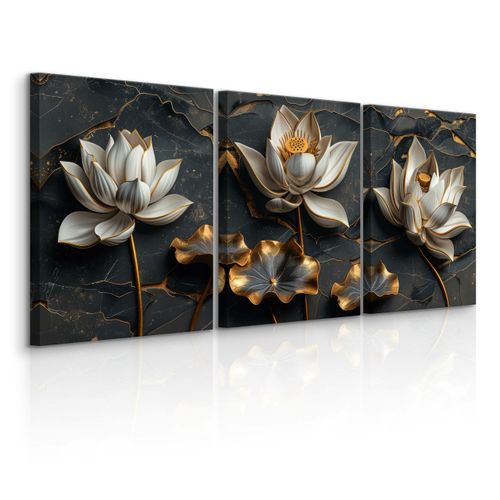 Obrazy Do Salonu Set Abstrakcyjne Białe Kwiaty Lotosu Glamour 90cm x 40cm na Arena.pl