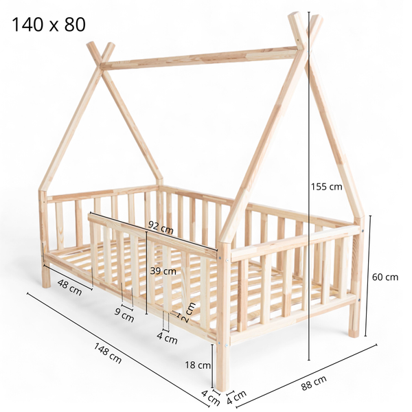 ŁÓŻKO TIPI 140x80 DREWNIANE ŁÓŻKO DZIECIĘCE BARIERKA + STELAŻ SOSNA