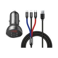 Ładowarka samochodowa 2x USB 4.8A 24W z wyświetlaczem LCD + kabel 3w1 1.2m
