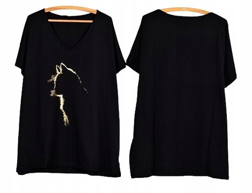 T-SHIRT OVERSIZE KOSZULKA BAWEŁNA ZŁOTA APLIKACJA KOTEK V dekolt L-XXXL T15 na Arena.pl