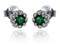 RODOWANE SREBRNE KOLCZYKI KWIATKI ZIELONE CYRKONIE