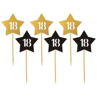 Pikery "18 Urodziny Stars", złoto-czarne, 6 szt