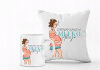 Zestaw PODUSZKA i KUBEK z nadrukiem PREZENT dla przyszłej mamy różne wzory