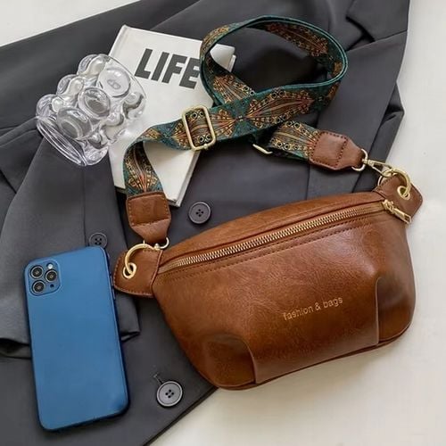 Torebka Damska Nerka BRĄZOWA Pojemna na Ramię Pasek Kolorowy Złoty Zamek na Arena.pl