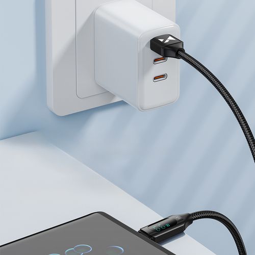 Kabel przewód USB-A - USB-C z wyświetlaczem LED 66W 6A 2m czarny na Arena.pl