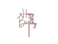 Topper akrylowy na tort Happy Birthday z serduszkiem różowo złoty 14cmx10cm
