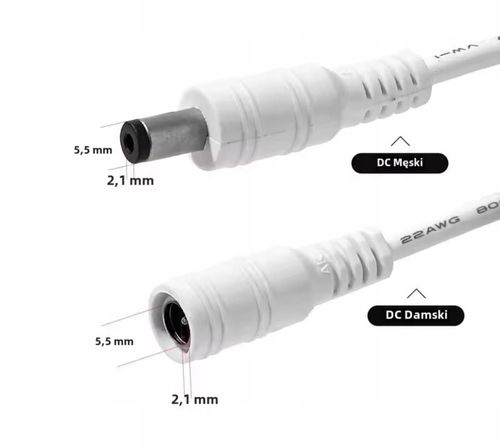 BIAŁY PRZEDŁUŻACZ 5m ZASILANIA KABEL ZASILAJĄCY DO KAMER DC 5,5mm na Arena.pl
