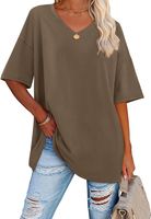 Damska Koszulka Oversize Z Krótkim Rękawem Dekolt Serek Khaki L