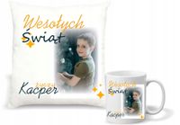Zestaw PODUSZKA i KUBEK nadruk świąteczny PREZENT twoje zdjęcie napis imię