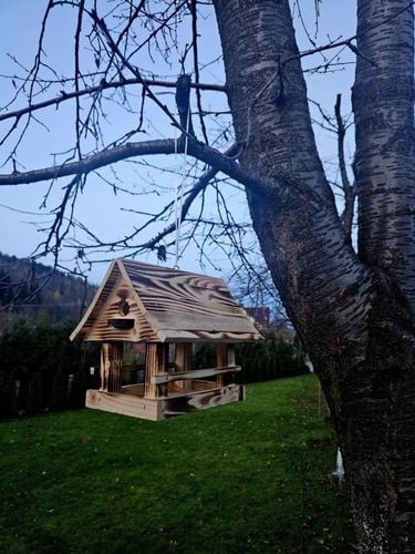 Drewniany KARMNIK XXL DLA PTAKÓW Solidny karmik opalane drewno na Arena.pl