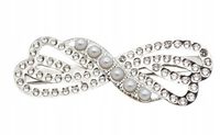 Elegancka spinka wsuwka metalowa kokarda cyrkonie i perełki 7cm srebrny