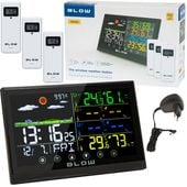 STACJA POGODOWA POGODY METEO TERMOMETR HIGROMETR ZEGAR BUDZIK + 3x CZUJNIK