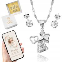 SREBRNY KOMPLET BIŻUTERII ANIOŁEK Z KOLCZYKAMI CYRKONIE NA KOMUNIĘ