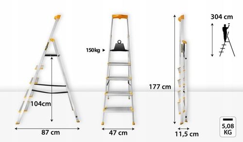 Drabina aluminiowa domowa PÓŁKA 5 stopniowa SZEROKIE stopnie DRABEST na Arena.pl