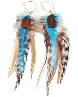 MD długie niebieskie kolczyki pióra łatki paski złote zapięcia BOHO