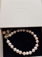 Regulowana bransoletka z naturalnych pereł w kolorze łososiowym pozłacana 14k