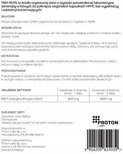 Proton Labs MSM 99,9% PURE siarka organiczna 800mg AŻ 200 KAPSUŁEK stawy na Arena.pl