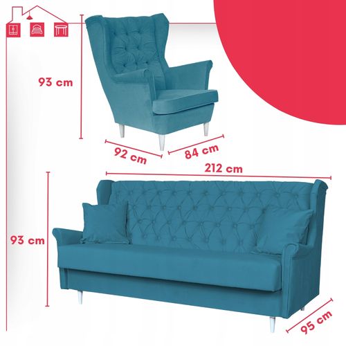 Zestaw mebli wypoczynkowych do salonu sofa 2 fotele NIEBIESKI na Arena.pl