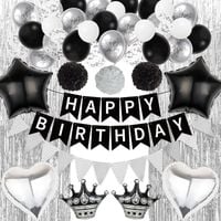 Zestaw Dekoracji Urodzinowych Czarno Srebrny Balony Banery i Kurtyna