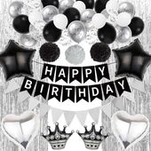 Zestaw Dekoracji Urodzinowych Czarno Srebrny Balony Banery i Kurtyna