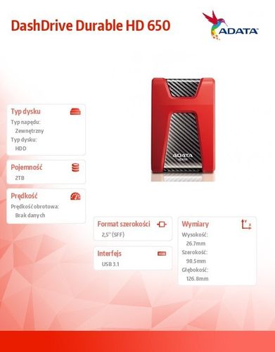 Adata DashDrive Durable HD650 2TB 2.5'' USB3.1 Czerwony na Arena.pl